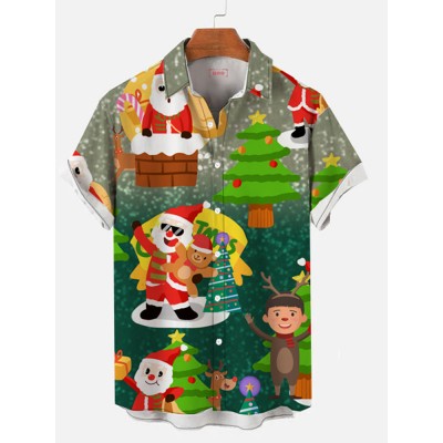 Summer Christmas Santa Claus and Elk, Christmas Tree Printing Men's Short Sleeve Shirt